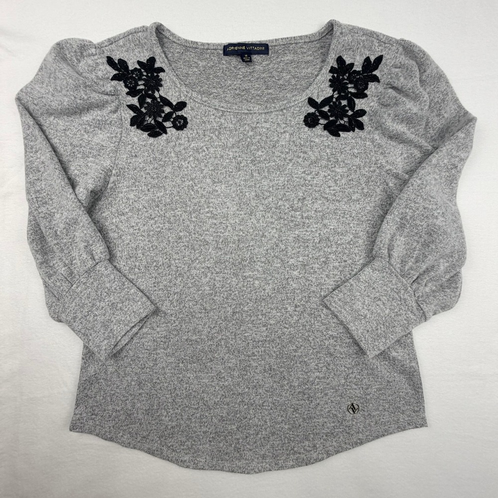 Adrienne Vittadini Gray Knit Top Black Floral Lace Applique Puff Sleeve Medium